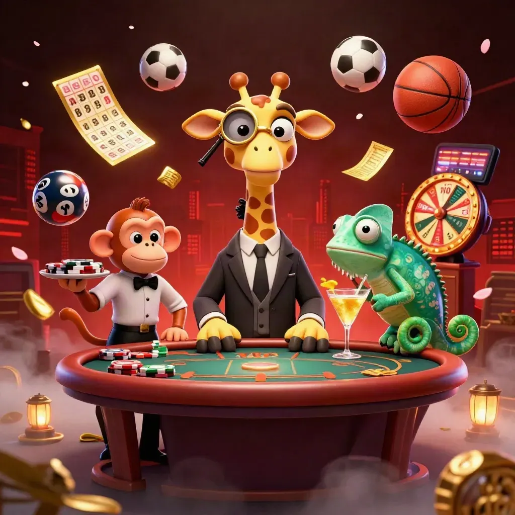 Low-angle 3D cartoon casino mascots with flying balls, prize wheel and gold-lit sports glow.