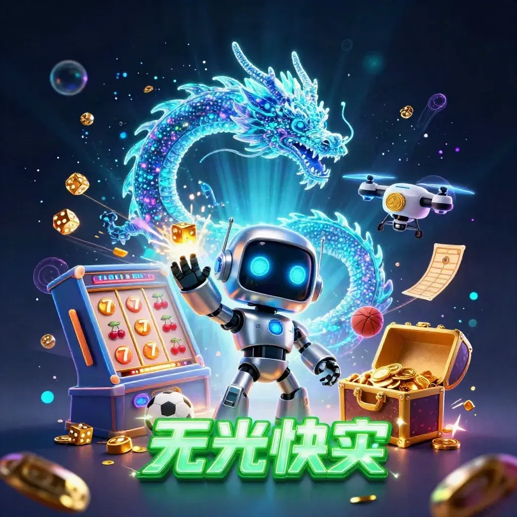 Cyberpunk robot, holographic dragon, drone, and jackpot elements explode in neon casino light.