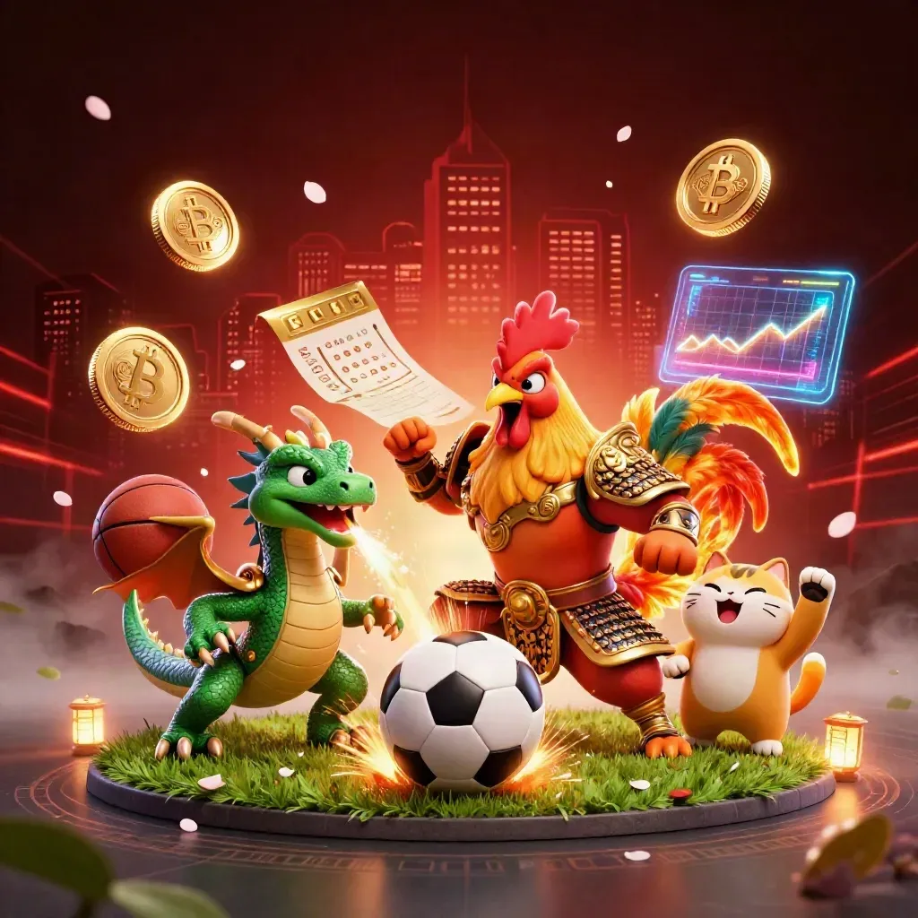 Rooster warrior, dragon hatchling and fortune cat amid coins, sparks, ball spray and casino glow.