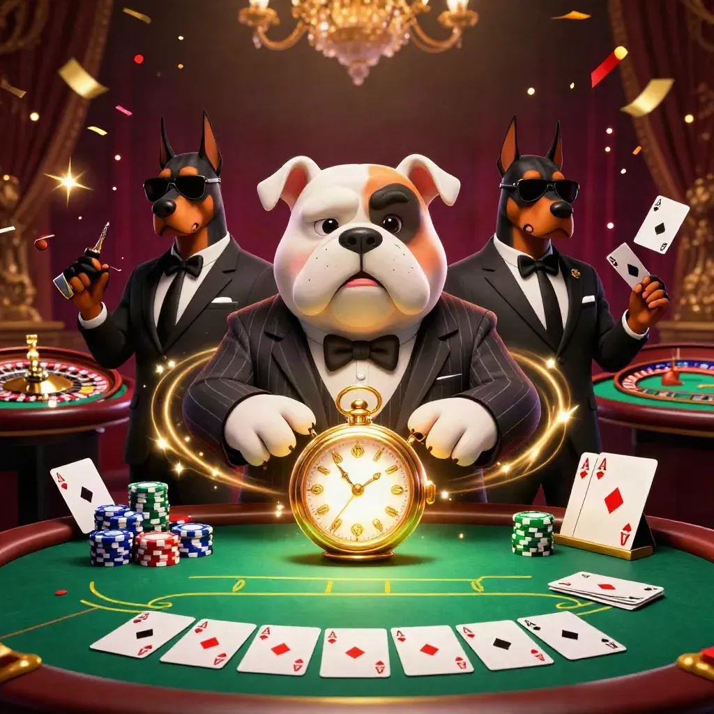 Bulldog boss and two Dobermans at a glowing casino table with cards, chips, and fireworks.