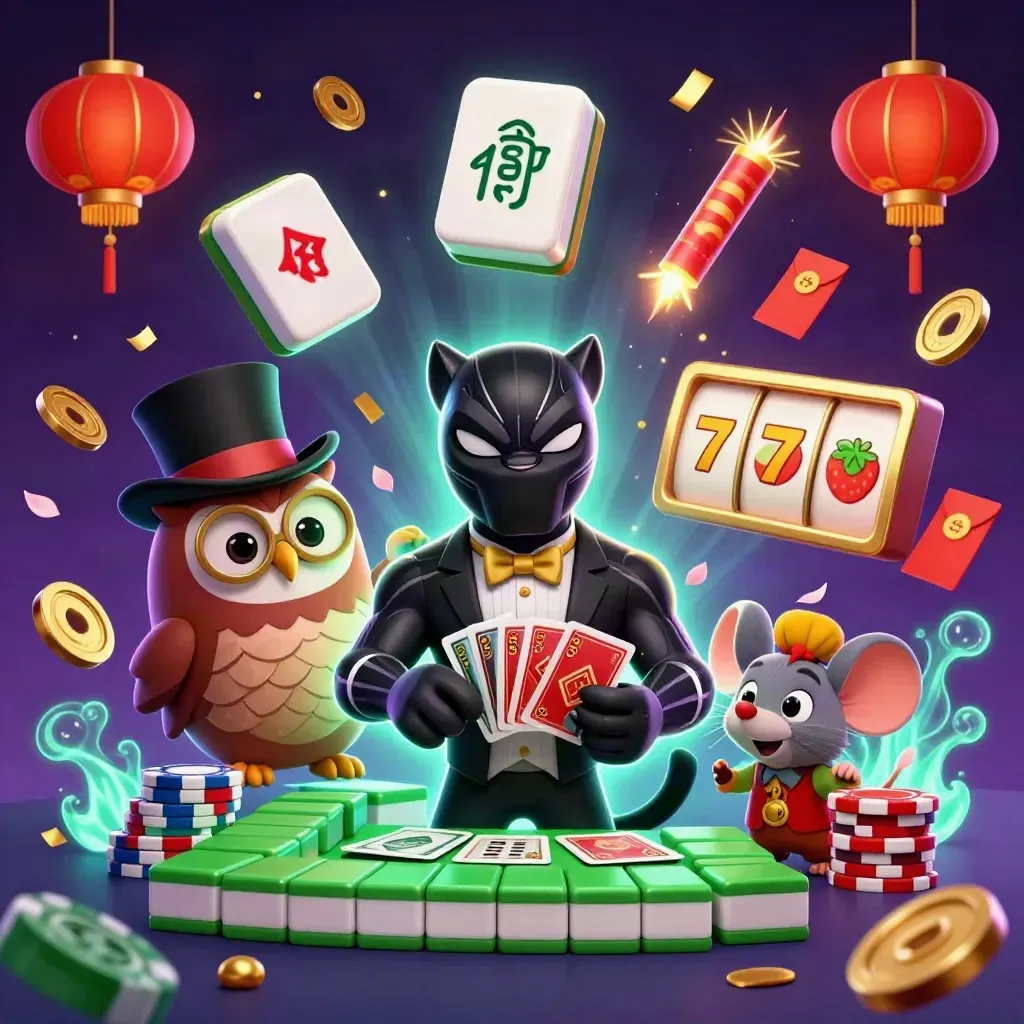 Panther, owl and mouse amid jade coins, lanterns, fireworks and neon casino treasure.