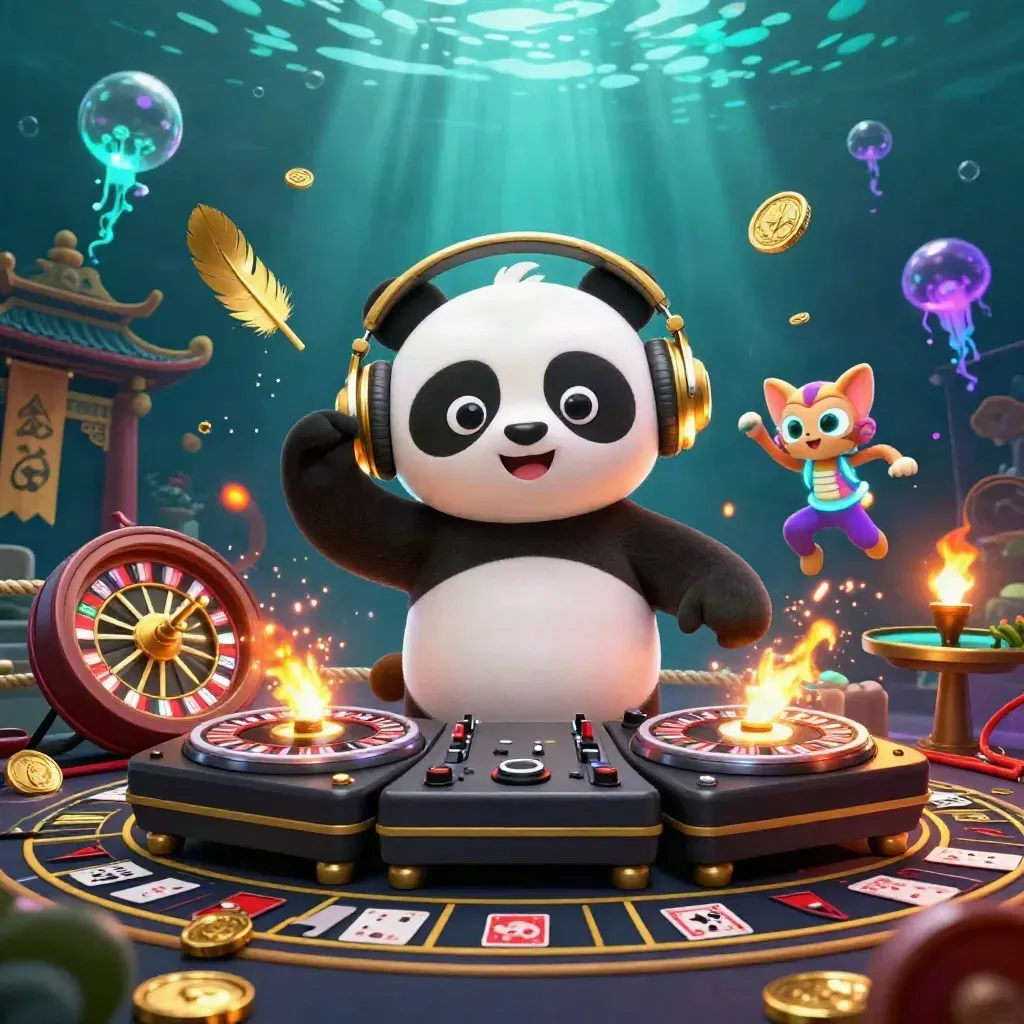 DJ panda, monkey, and glow-stick kitten in a neon underwater casino scene.