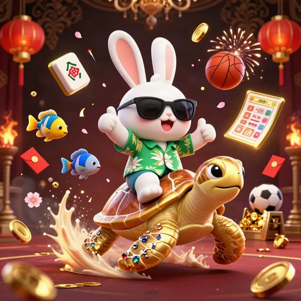 Lucky rabbit rides a jeweled sea turtle through coins, lanterns, fireworks and casino sparkle.