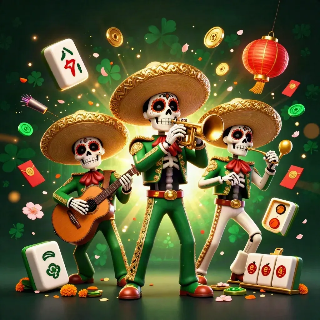 Day-of-the-Dead mariachi skeleton trio with casino symbols, marigolds and gold sparks on dark emerald.